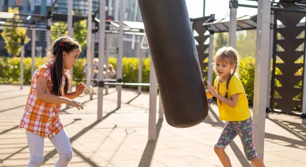 Két Aranyos Kislány Szórakozik Egy Játszótéren Szabadban Nyáron Sportolási Lehetőségek — Stock Fotó