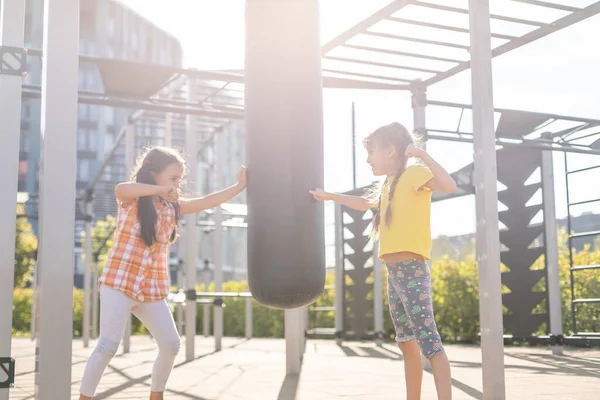 Due Bambine Carine Che Divertono Parco Giochi All Aperto Estate — Foto Stock