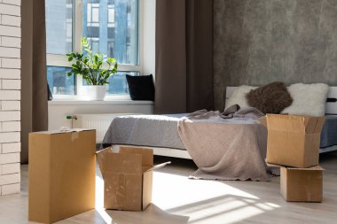Yeni bir evin oturma odasında paketlenmiş karton kutuların görüntüsü
