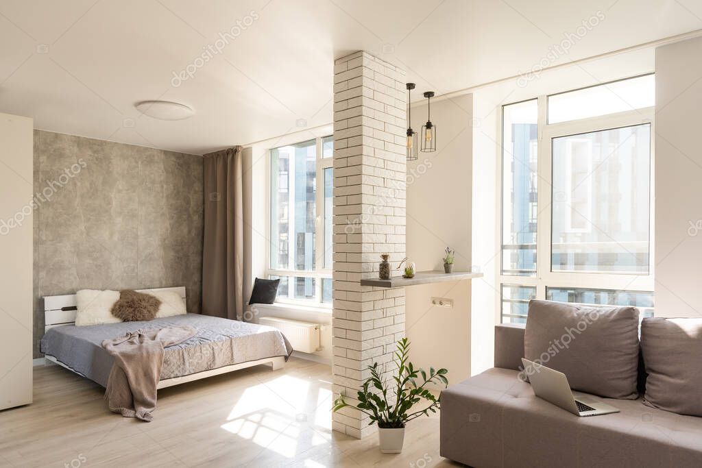 Modern minimalist design of bright living room