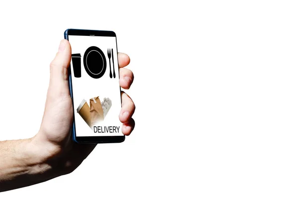 Χέρι κρατώντας κινητό με Παραγγελία τροφίμων με λευκό φόντο, Παραγγελία τροφίμων σε απευθείας σύνδεση επιχειρηματική ιδέα. — Φωτογραφία Αρχείου