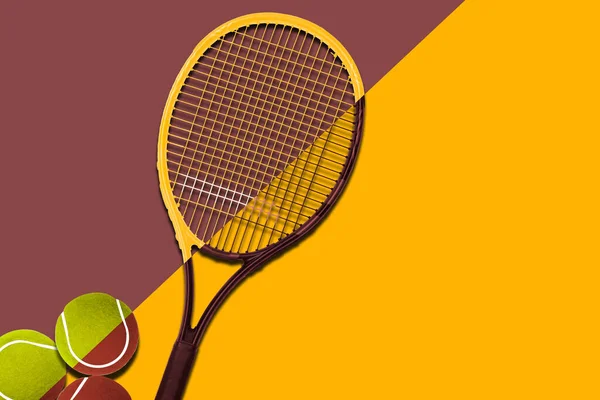 Balles de tennis sous raquette noire. Fond violet. Concept sport. — Photo