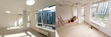 Büyük mutfak stüdyosunun modern iç tasarımı, öncesi ve sonrası.