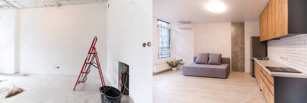 Comparison of a room in an apartment before and after renovation new house