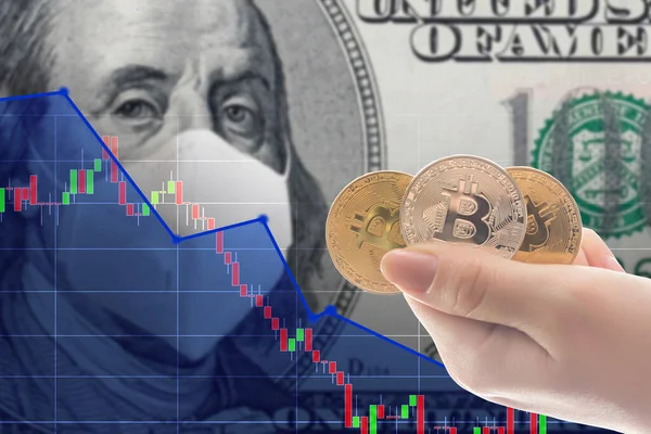 Kéz gazdaság szelet Bitcoin és az új virtuális pénz koncepció és a pénzügyi növekedés koncepció chart háttér — Stock Fotó