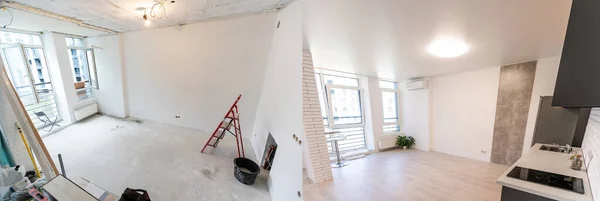 Sanierungskonzept - Küchenraum vor und nach Sanierung oder Sanierung — Stockfoto