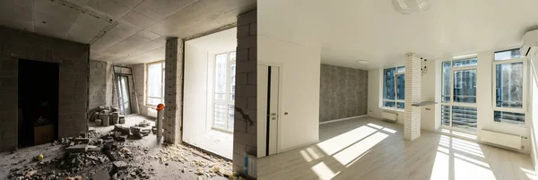 Unfertige Innenraumreparaturen in der Wohnung, Vorbereitung im Raumsanierungskonzept - Raum vor und nach der Renovierung — Stockfoto