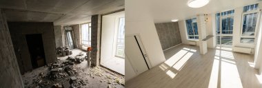 Yenilenmeden önce ve sonra oda yenileme konseptinin hazırlandığı binanın iç dekorasyonu tamamlanmadı.