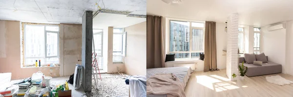 Modernes Interieur des großen Wohnküchen-Ateliers, davor und danach — Stockfoto