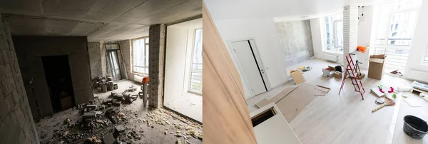 Edifício inacabado reparos quarto branco interior no apartamento se preparando no conceito de quarto renovação - quarto antes e depois da renovação — Fotografia de Stock