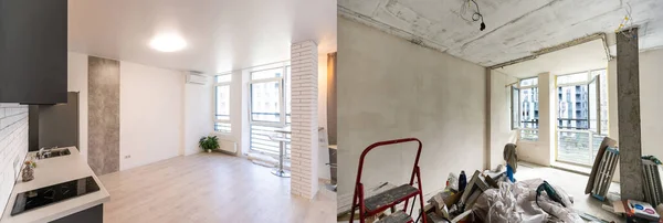 Quartos vazios com grande janela, aquecendo radiadores antes e depois da restauração. Comparação de apartamento antigo e novo local renovado. Conceito de remodelação de casas. — Fotografia de Stock