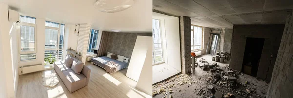 Zimmer mit unfertigen Wänden und einem Raum nach der Reparatur. Vor und nach der Sanierung in Neubauten. — Stockfoto