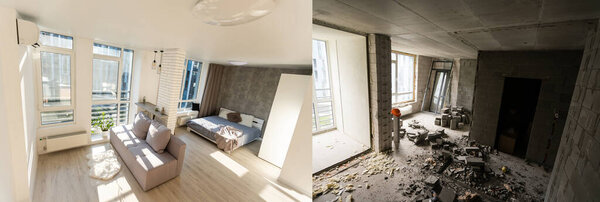 Room with unfinished walls and a room after repair. Before and after renovation in new housing.