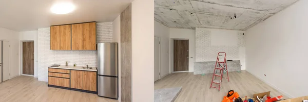 Renoveringskoncept - köksrum före och efter renovering eller restaurering — Stockfoto