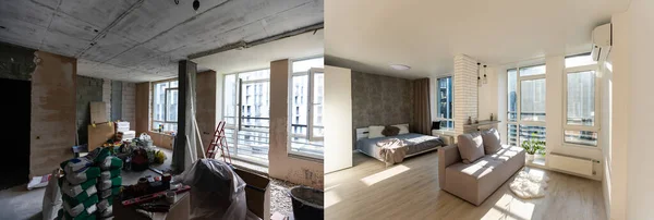 Edifício inacabado reparos quarto branco interior no apartamento se preparando no conceito de quarto renovação - quarto antes e depois da renovação — Fotografia de Stock