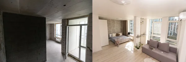 Rénovation de la maison, chambre vide avant et après la rénovation ou la restauration — Photo