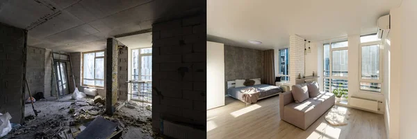 Chambre avec des murs inachevés et une chambre après réparation. Rénovation avant et après dans un logement neuf. — Photo