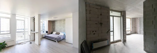 Design de interiores moderno de sala de estúdio grande sala de estar-cozinha, antes e depois — Fotografia de Stock