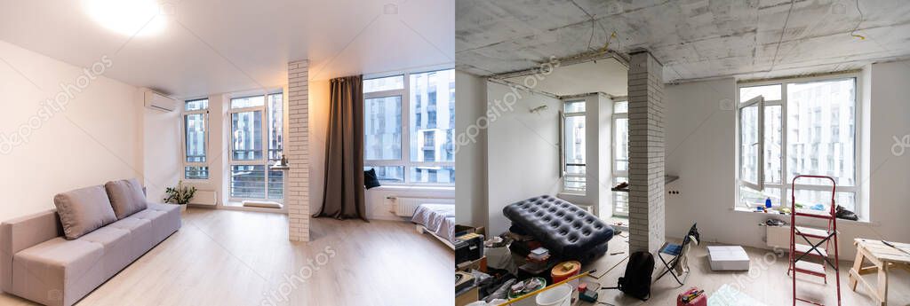 Comparison of a room in an apartment before and after renovation new house