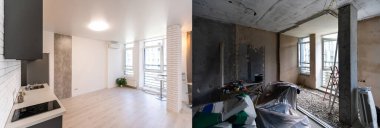 Tamamlanmamış duvarları olan bir oda ve onarımdan sonra bir oda. Yeni konutlarda yenilemeden önce ve sonra.