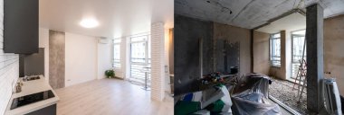 Room with unfinished walls and a room after repair. Before and after renovation in new housing. clipart