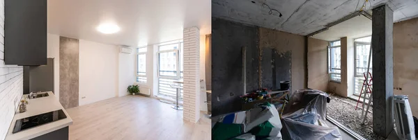 Chambre avec des murs inachevés et une chambre après réparation. Rénovation avant et après dans un logement neuf. — Photo