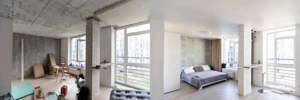 Modern inredning i stort vardagsrum / kök studio rum, före och efter — Stockfoto
