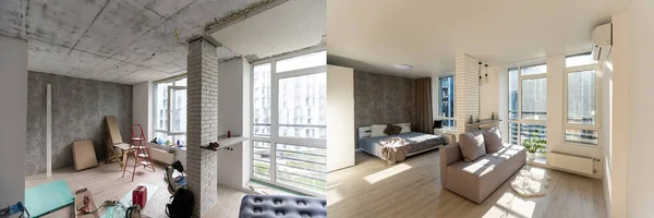 Niedokończony budynek naprawa wnętrz białych pomieszczeń w apartamencie przygotowującym koncepcję remontu pokoju - pokój przed i po remoncie — Zdjęcie stockowe