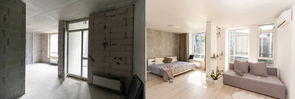 Tamamlanmamış duvarları olan bir oda ve onarımdan sonra bir oda. Yeni konutlarda yenilemeden önce ve sonra. — Stok fotoğraf