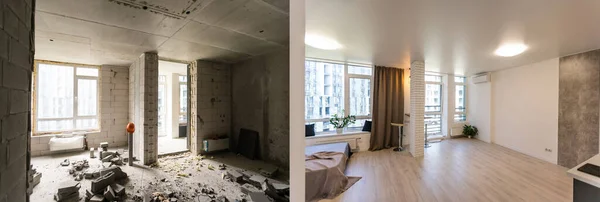 Renovação conceito -sala de cozinha antes e depois de remodelação ou restauração — Fotografia de Stock
