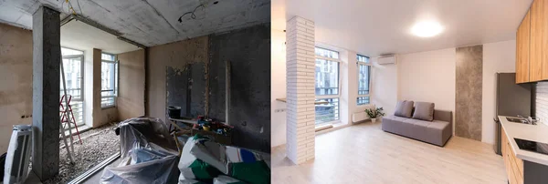 Empty rooms with large window, heating radiators before and after restoration. Comparison of old apartment and new renovated place. Concept of home refurbishment. — Stock Photo, Image
