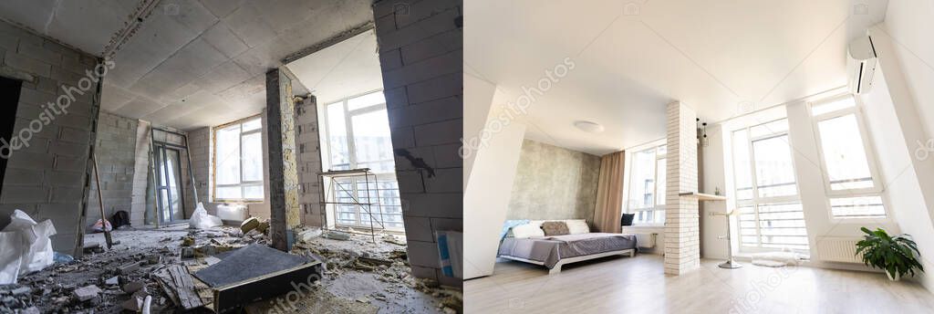 Empty rooms with large window, heating radiators before and after restoration. Comparison of old apartment and new renovated place. Concept of home refurbishment.