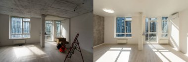 Unfinished building interior white room repairs in the apartment preparing in the roomrenovation concept - room before and after renovation clipart