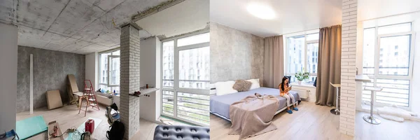 Leere Räume mit großen Fenstern, Heizkörper vor und nach der Restaurierung. Vergleich der alten Wohnung und des neu renovierten Platzes. Konzept der Haussanierung. — Stockfoto