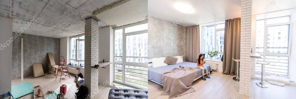 Empty rooms with large window, heating radiators before and after restoration. Comparison of old apartment and new renovated place. Concept of home refurbishment.