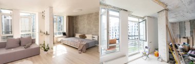 Büyük mutfak stüdyosunun modern iç tasarımı, öncesi ve sonrası.