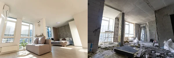 Pokój z niedokończonymi ścianami i pokojem po remoncie. Przed i po remoncie w nowych mieszkaniach. — Zdjęcie stockowe