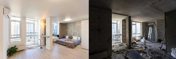 Design intérieur moderne du grand salon-cuisine studio, avant et après — Photo