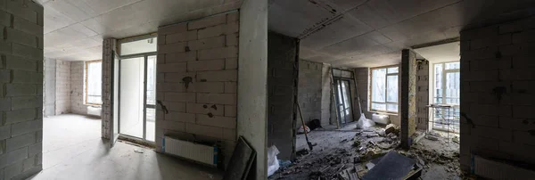 Befejezetlen épület belső fehér szoba javítás a lakásban előkészítése a szoba felújítási koncepció - szoba felújítás előtt és után — Stock Fotó