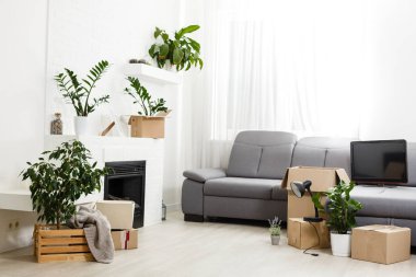 Yeni eve taşınmak için paketlenmiş ev eşyaları