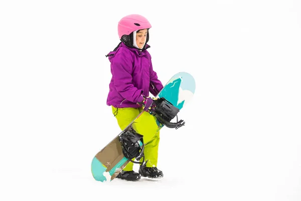 Little Cute Girl Snowboarding Resort Esqui Dia Ensolarado Inverno — Fotografia de Stock