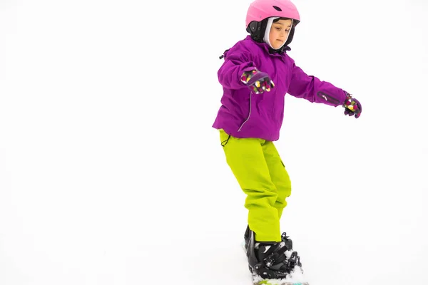 Snowboard Kış Sporu Küçük Kız Snowboard Öğreniyor Kalın Kışlık Giysiler — Stok fotoğraf