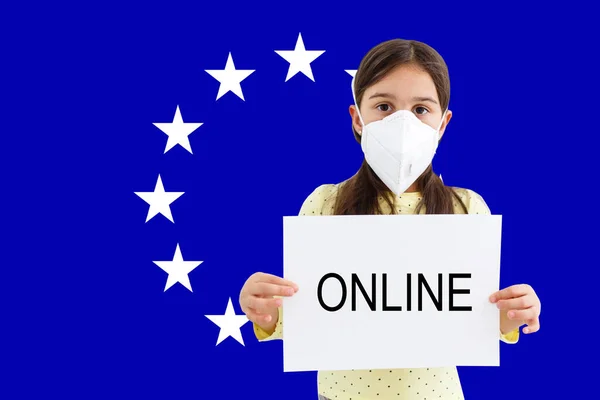 Masked little girl looking at the camera on flag European Union background. The concept of attention to the worldwide spread of the coronavirus worldwide. Coronavirus, virus in EU. — Stock Photo, Image