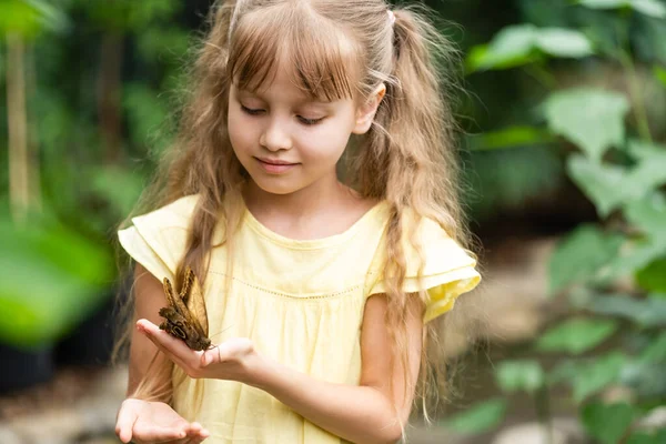 Маленька дівчинка тримає метелика в руці . — стокове фото