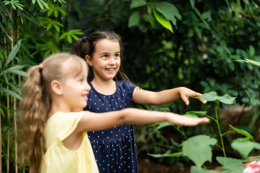 İki kız kardeş ellerinde bir kelebek tutuyor. Doğayı keşfeden çocuklar. Yazın çocuklarla aile eğlencesi..