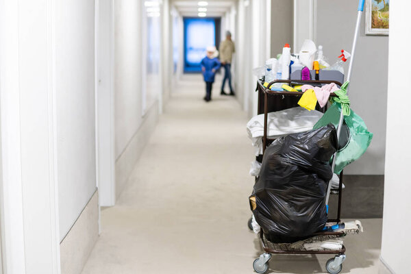 Cleaning Cart in the station.Cleaning Cart with wall background.cleaning cart copy space