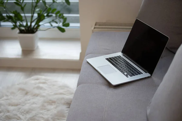 Vista de perto do laptop fechado deitado no sofá cinza — Fotografia de Stock