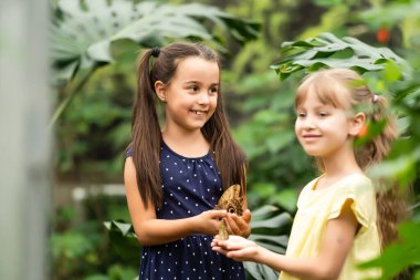 İki kız kardeş ellerinde bir kelebek tutuyor. Doğayı keşfeden çocuklar. Yazın çocuklarla aile eğlencesi..