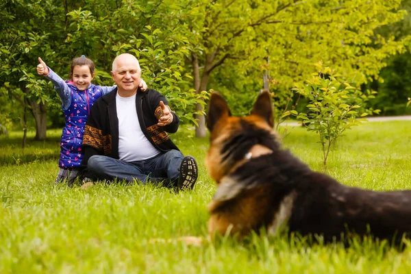 Nagyapa unokával és kutyával a kertben. — Stock Fotó