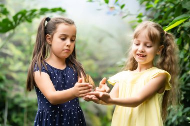 İki kız kardeş ellerinde bir kelebek tutuyor. Doğayı keşfeden çocuklar. Yazın çocuklarla aile eğlencesi..